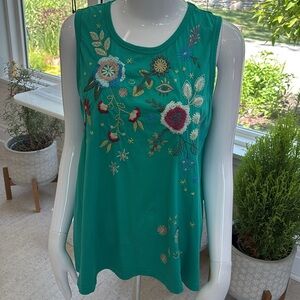 Johnny Was Aqua Blue Flowing Tank Embroidered Flowers & Eyes